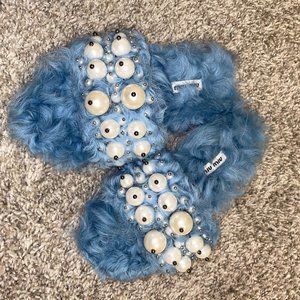 MIU MIU Faux Fur Floral Print Slides blue